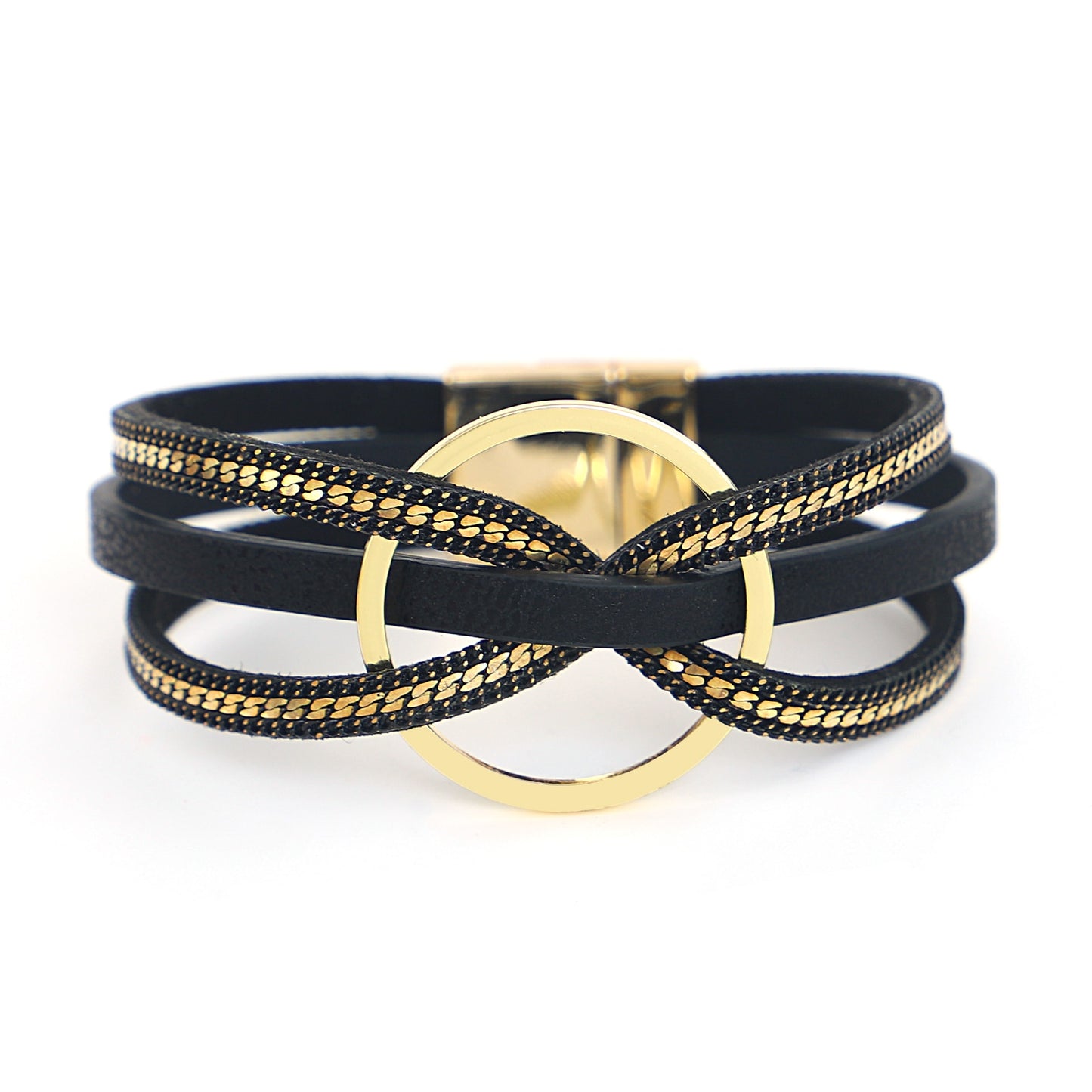 bracelets en cuir couleur noir croix torsadée cercle doré nœud papillon bijoux de charme fait à la main Summer Chic accessoires féminins tendance estivale bracelets multicouches collection Summer chic de la boutique Petites Aventures