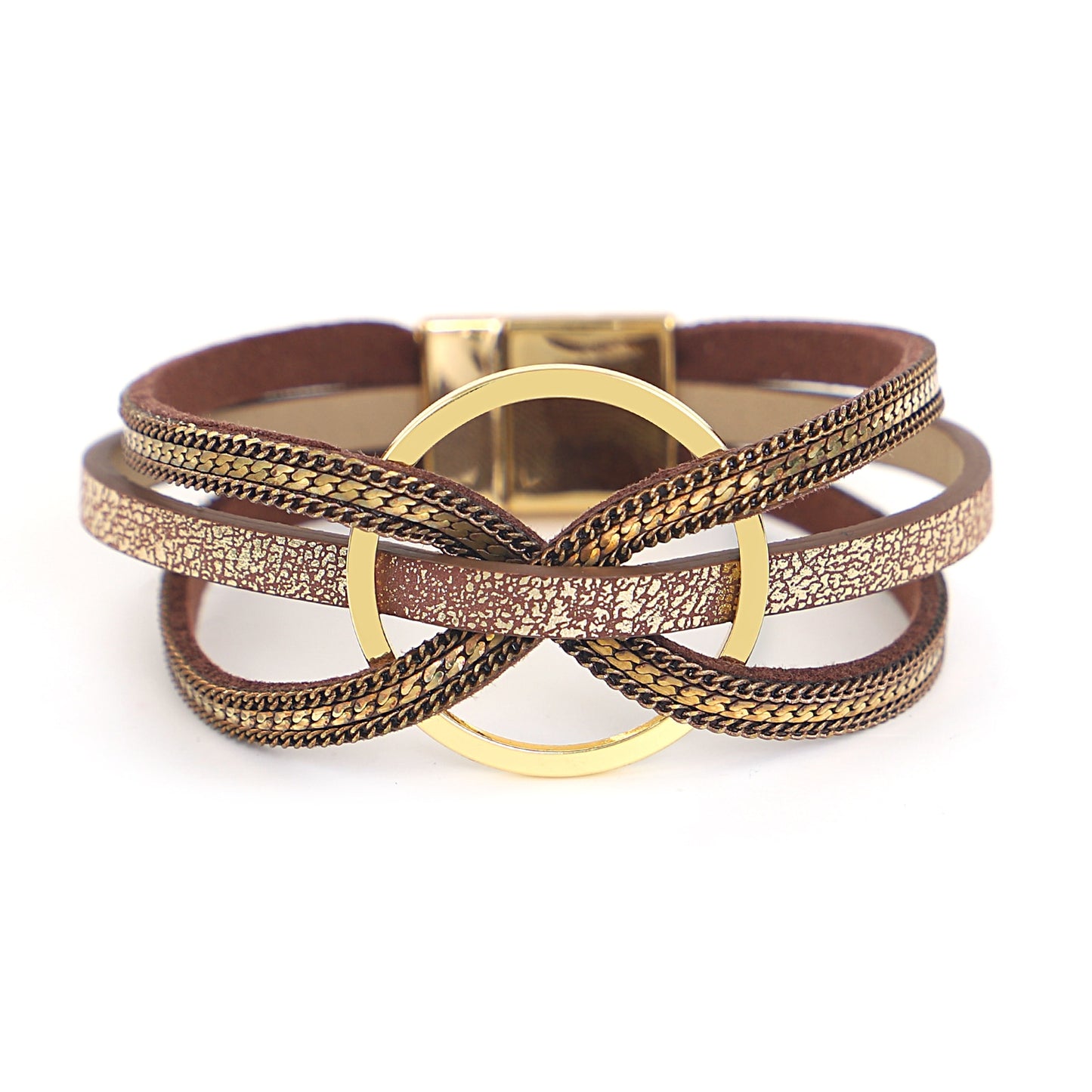 bracelets en cuir couleur marron croix torsadée cercle doré nœud papillon bijoux de charme fait à la main Summer Chic accessoires féminins tendance estivale bracelets multicouches collection Summer chic de la boutique Petites Aventures