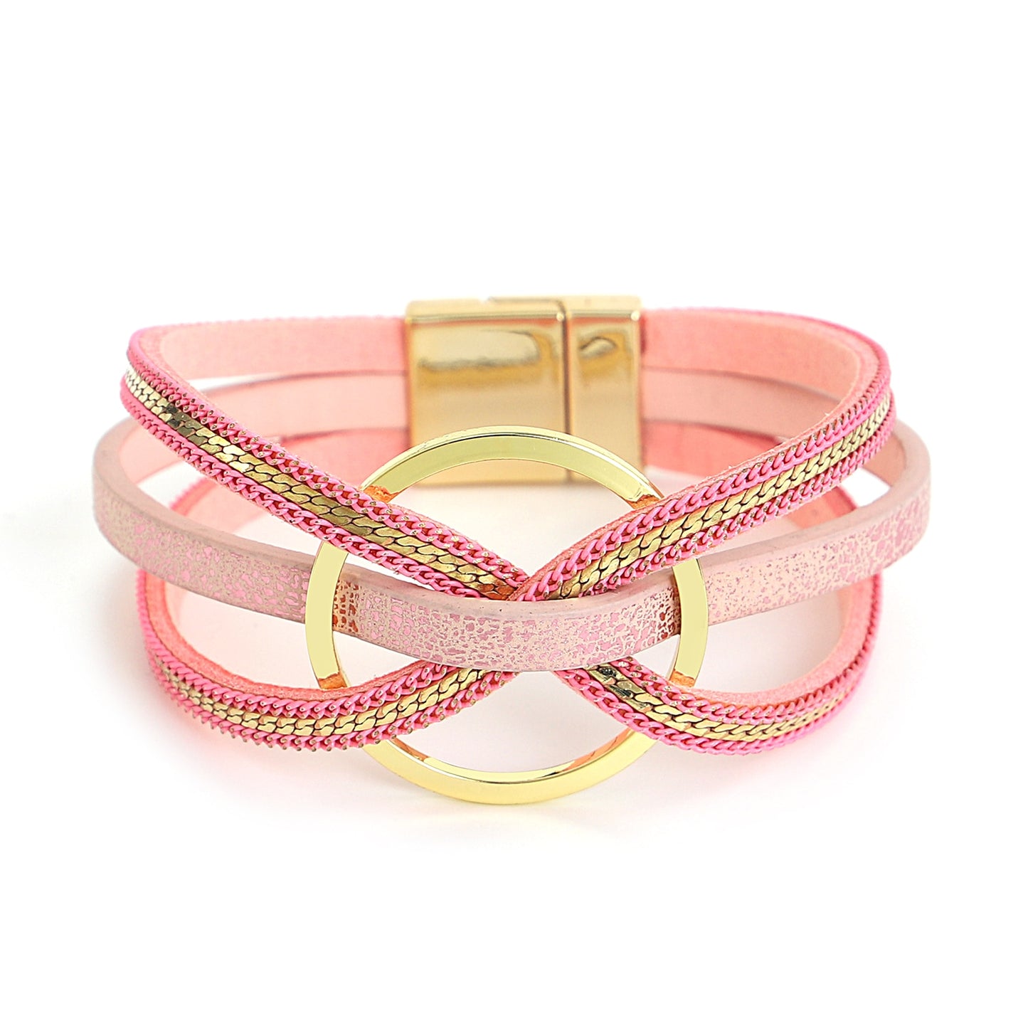bracelets en cuir couleur rose croix torsadée cercle doré nœud papillon bijoux de charme fait à la main Summer Chic accessoires féminins tendance estivale bracelets multicouches collection Summer chic de la boutique Petites Aventures