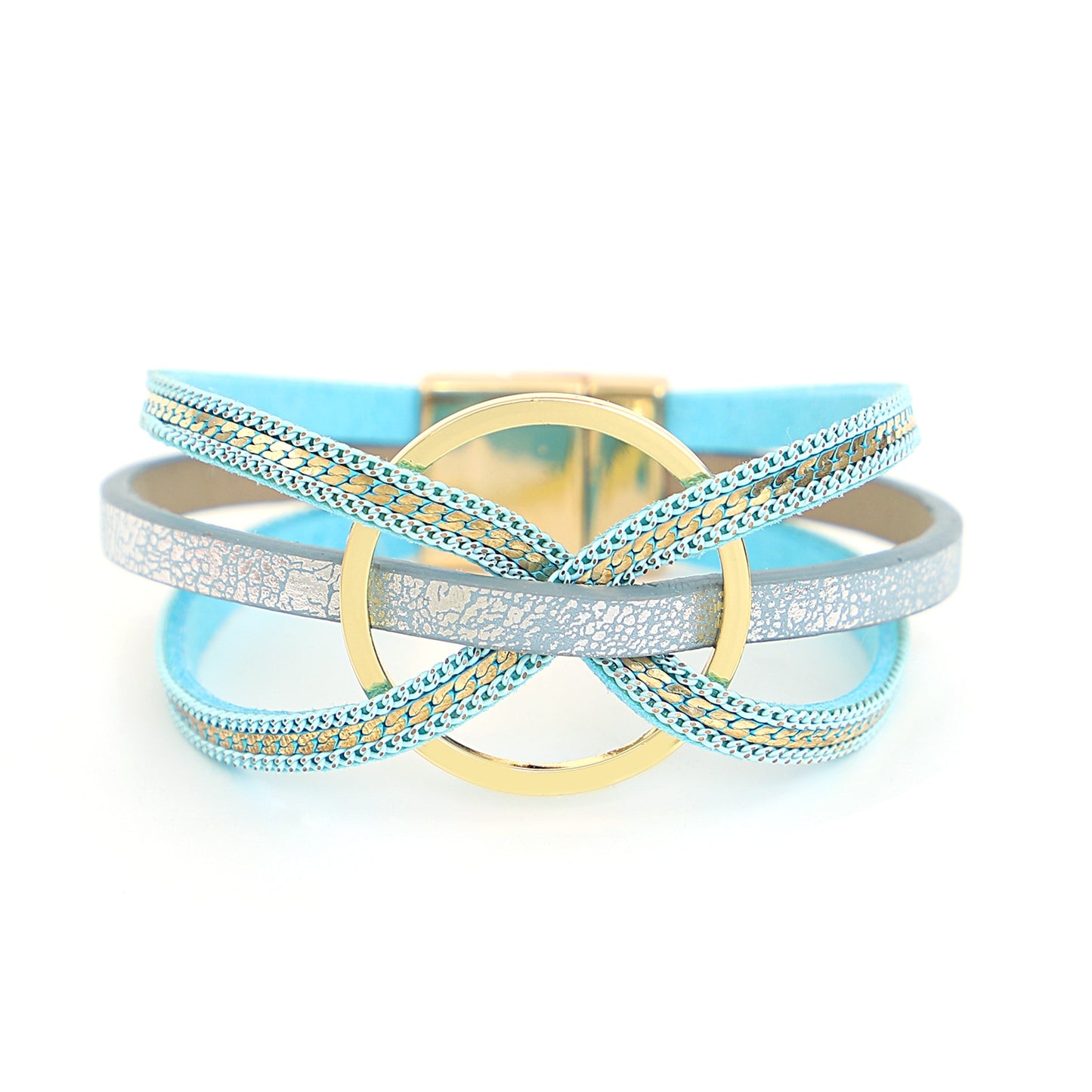 bracelets en cuir couleur turquoise croix torsadée cercle doré nœud papillon bijoux de charme fait à la main Summer Chic accessoires féminins tendance estivale bracelets multicouches collection Summer chic de la boutique Petites Aventures