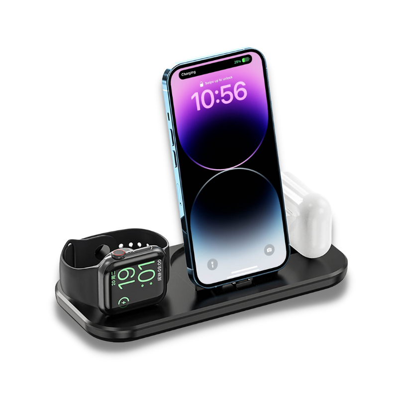 Station de charge rapide pliable sans fil 3 en 1, idéale pour charger simultanément votre iPhone, votre Apple Watch et vos AirPods collection Gadgets & techno de la boutique Petites Aventures couleur Noir