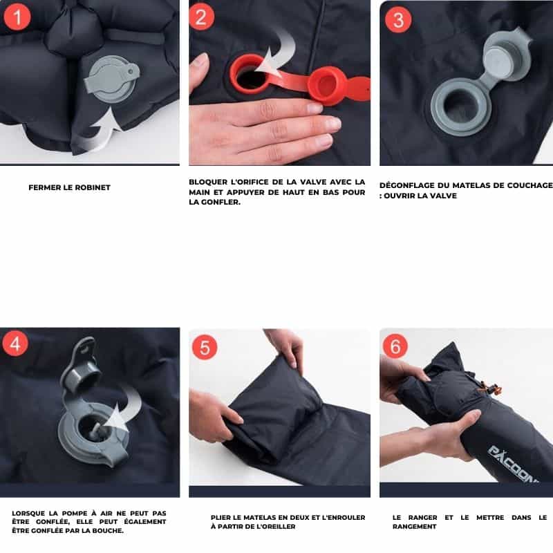 Matelas gonflable de camping motif camouflage avec oreiller intégré et pompe pour aventures en extérieur.