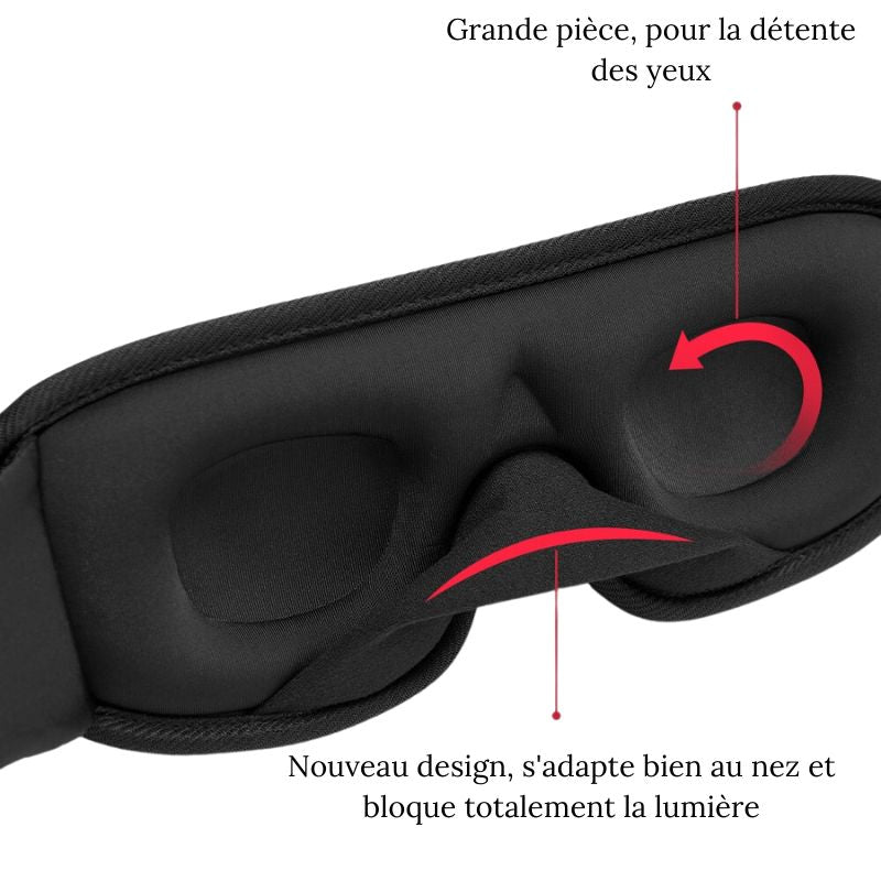 Mise en avant des avantages du Masque de sommeil 3D Confort Voyage de couleur noir de la boutique Petites Aventures Yeux Sommeil réparateur Conception ergonomique Léger Respirant