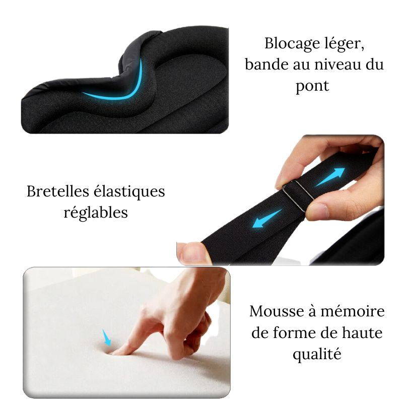 Mise en avant des avantages du Masque de sommeil 3D Confort Voyage de couleur noir de la boutique Petites Aventures Yeux Sommeil réparateur Conception ergonomique Léger Respirant