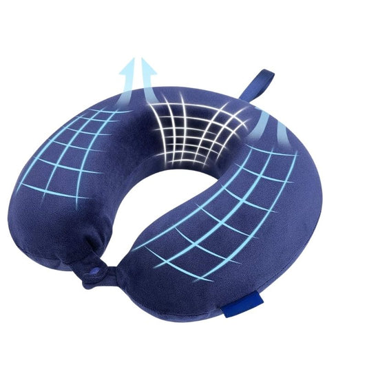 Oreiller bleu de voyage à mémoire de forme Oreiller cervical de voyage Accessoire de voyage confortable Oreiller de voyage portable Coussin de voyage ergonomique collection confort voyage de la boutique Petites Aventures