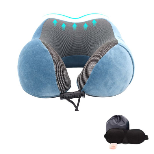 Oreiller de voyage de couleur bleu Masque de nuit pour les yeux Kit de voyage confortable Ensemble oreiller et masque Accessoires de voyage Boules Quies collection confort voyage de la boutique Petites Aventures
