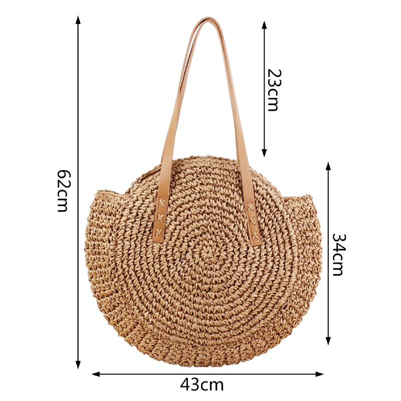 Mesure du sac de Couleur Marron du sac de plage model sac en paille sac tissé à la main style bohème vacances d'été accessoire de plage fourre-tout bandoulière décontracté raphia collection Summer Chic de la boutique Petites Aventures