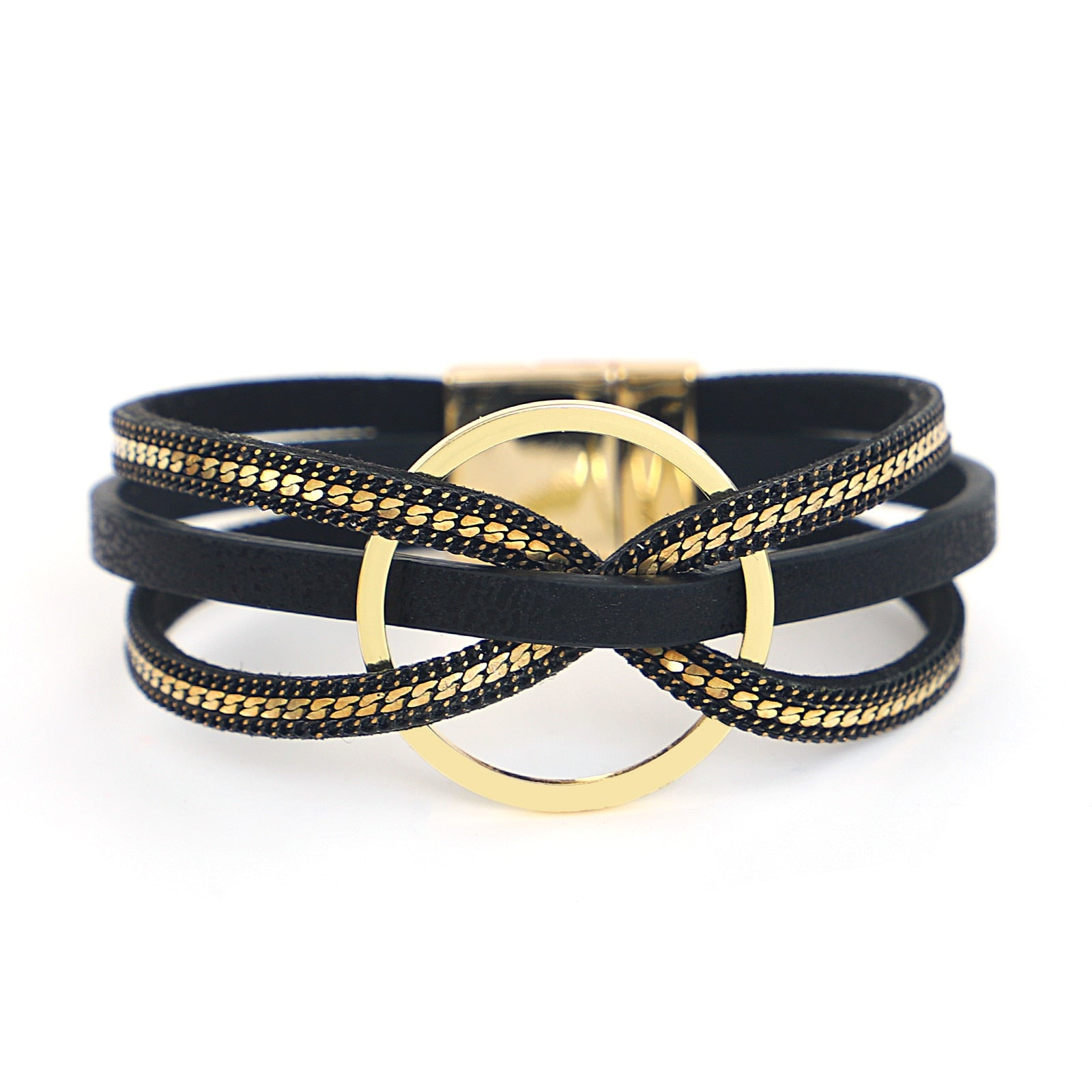 bracelets en cuir couleur noir croix torsadée cercle doré nœud papillon bijoux de charme fait à la main Summer Chic accessoires féminins tendance estivale bracelets multicouches collection Summer chic de la boutique Petites Aventures
