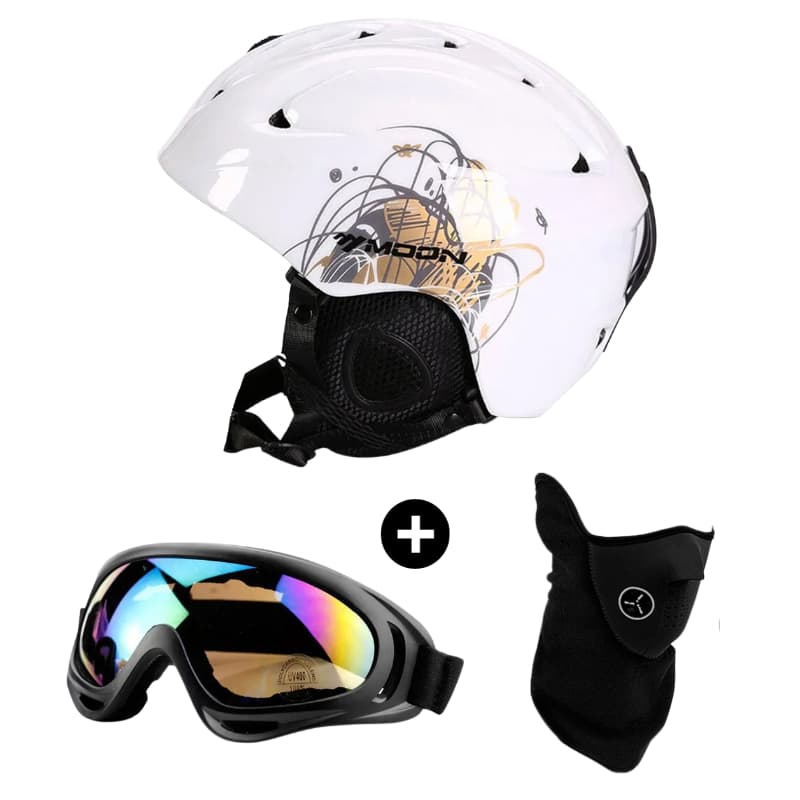 Casque de ski adulte en Blanc Street, design urbain et tendance, avec lunettes et masque pour une aventure de ski totale.