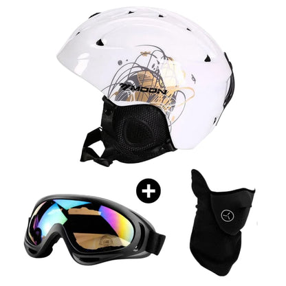 Casque de ski adulte en Blanc Street, design urbain et tendance, avec lunettes et masque pour une aventure de ski totale.