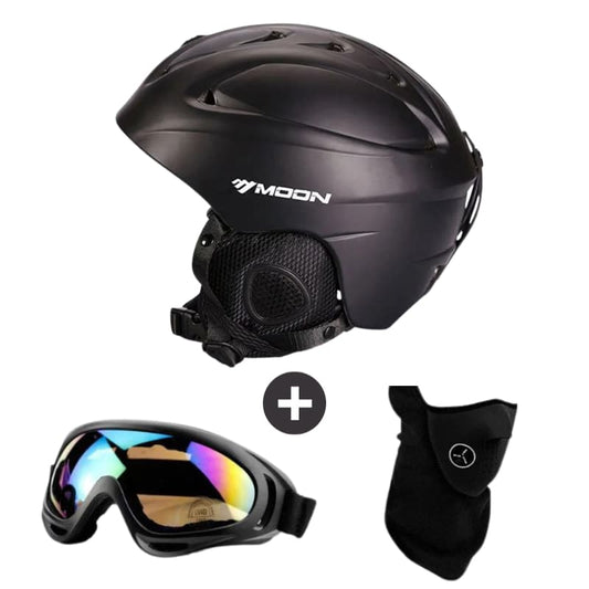 Casque de ski noir MAT pour adulte, idéal pour les sports d'hiver et loisirs de plein air, accompagné de lunettes et masque