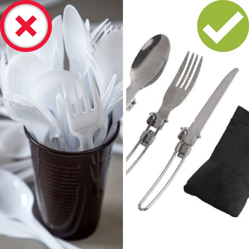 Couverts pliables en acier inoxydable pour voyage et camping, comprenant cuillère, fourchette et couteau, présentés dans une pochette.