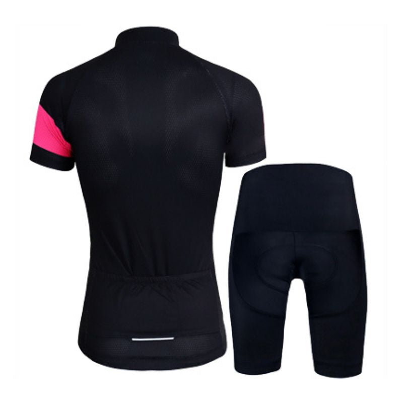 Ensemble cyclisme pour femmes tout noir, offrant protection UV, séchage rapide et une élégance sophistiquée.