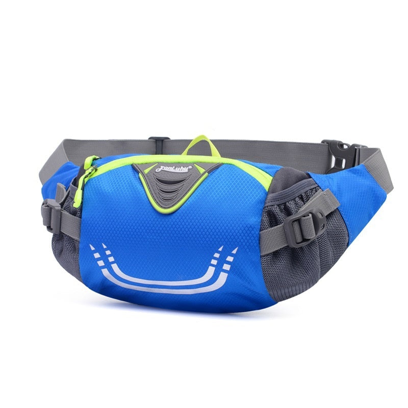 Sac banane polyvalent avec porte-bouteille d'eau, ceinture ajustable et poche zippée pour le rangement des objets essentiels lors d'activités en plein air. collection Montagne & RAndonnée de la boutique Petites Aventures de couleur bleu