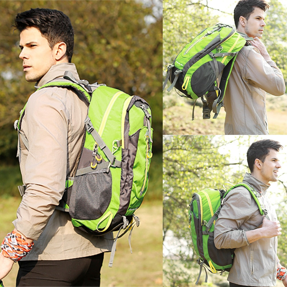 Sac à dos 40L pour montagne et randonnée, étanche et durable, adapté pour hommes et femmes, avec multiples poches et sangles., couleur vert  porter par un homme