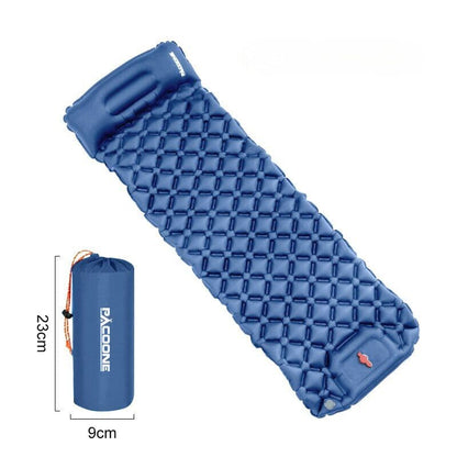 Matelas gonflable de camping bleu avec oreiller intégré et pompe de gonflage pour randonnée en plein air. Bleu claire