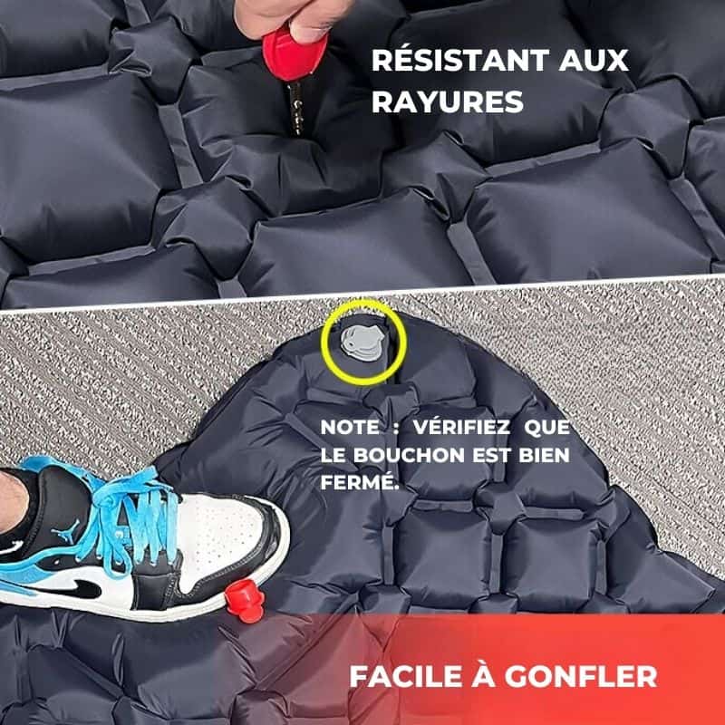 Matelas gonflable de camping motif camouflage avec oreiller intégré et pompe pour aventures en extérieur.