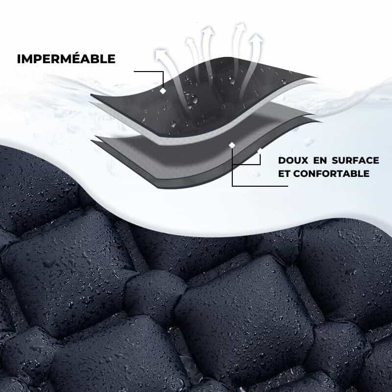 Matelas gonflable de camping motif camouflage avec oreiller intégré et pompe pour aventures en extérieur.