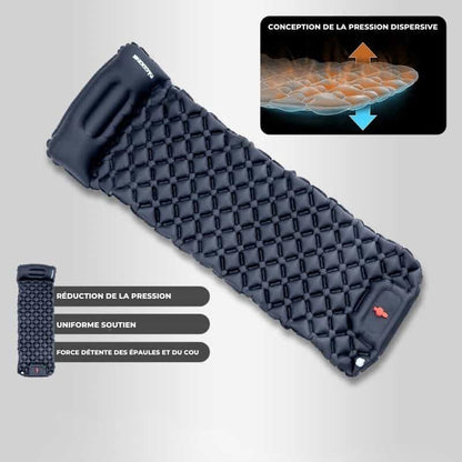 Matelas gonflable de camping motif camouflage avec oreiller intégré et pompe pour aventures en extérieur.