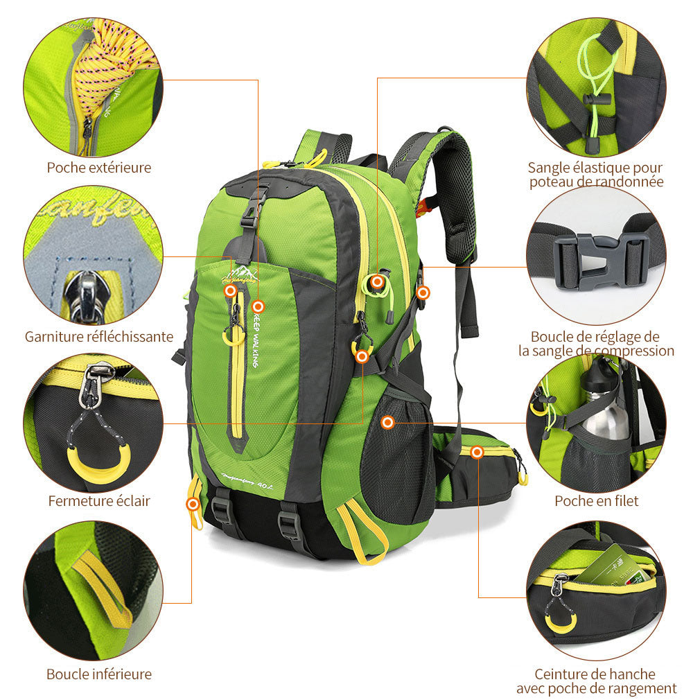 Sac à dos 40L pour montagne et randonnée, étanche et durable, adapté pour hommes et femmes, avec multiples poches et sangles.