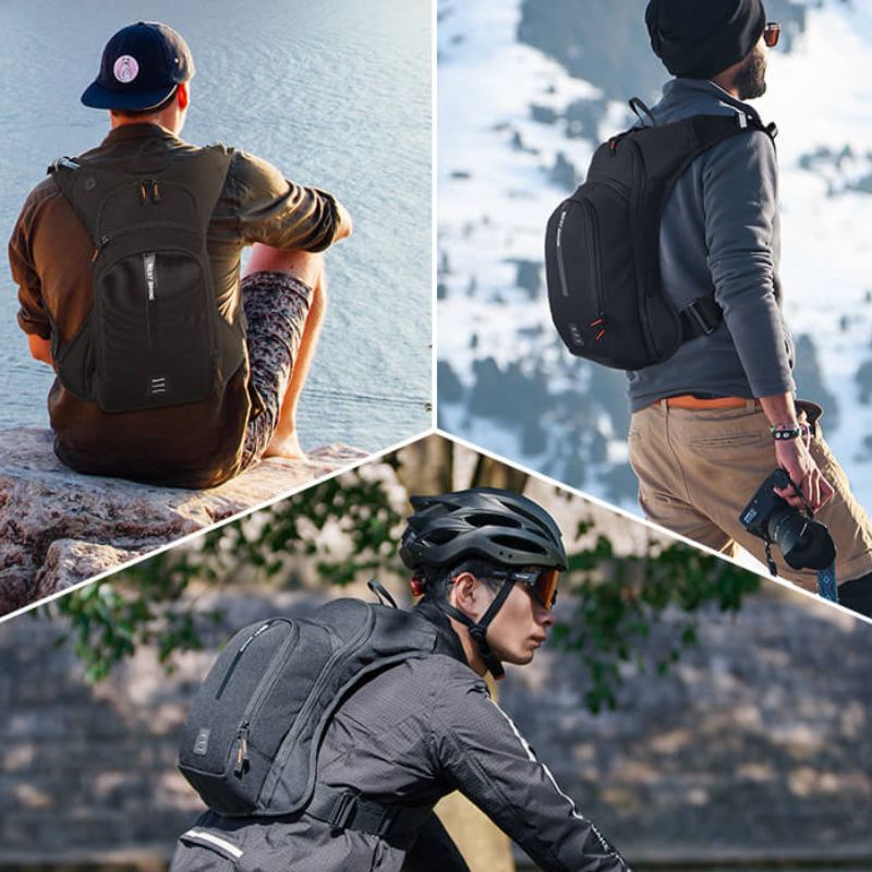 démonstration avec le port du sac a dos Sac à dos noir de randonnée ergonomique avec système d'hydratation intégré, idéal pour les activités en plein air et les aventures en montagne. collection Montagne & Randonnée de la boutique Petites Aventures