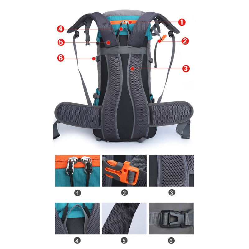 Sac à dos de randonnée 65L en nylon imperméable avec sangles ajustables, idéal pour le camping, l'escalade et le trekking