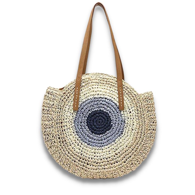 sac de plage model rayure couleur bleu , beige, bleu foncé sac en paille sac tissé à la main style bohème vacances d'été accessoire de plage fourre-tout bandoulière décontracté raphia collection Summer Chic de la boutique Petites Aventures
