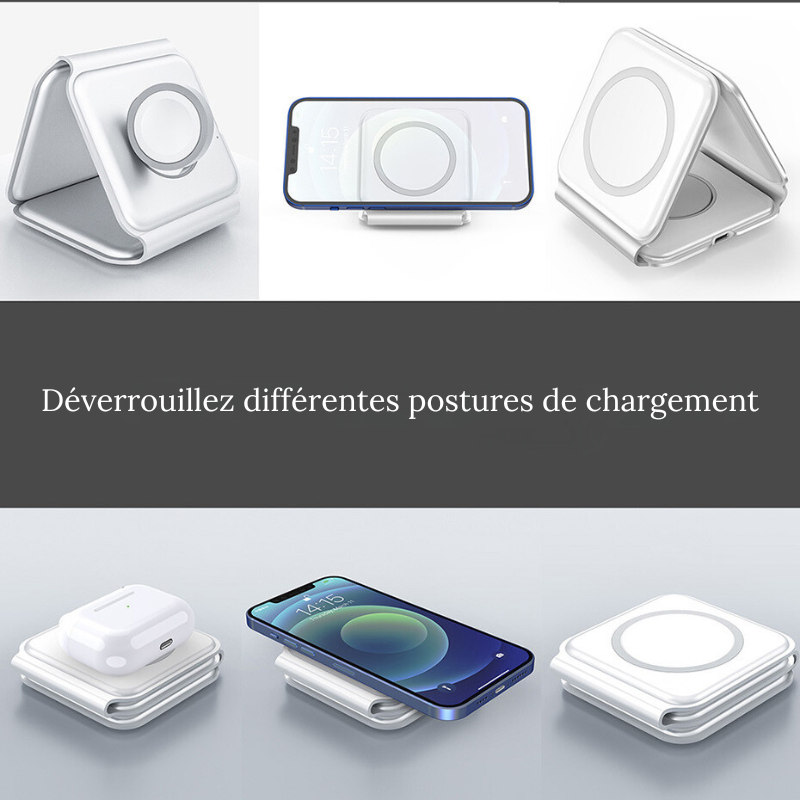 Chargeur sans fil 3 en 1, pliable et portable, pour une expérience de chargement simplifiée pour iPhone, Apple Watch et AirPods collection Gadgets & Techno de la boutique Petites Aventures