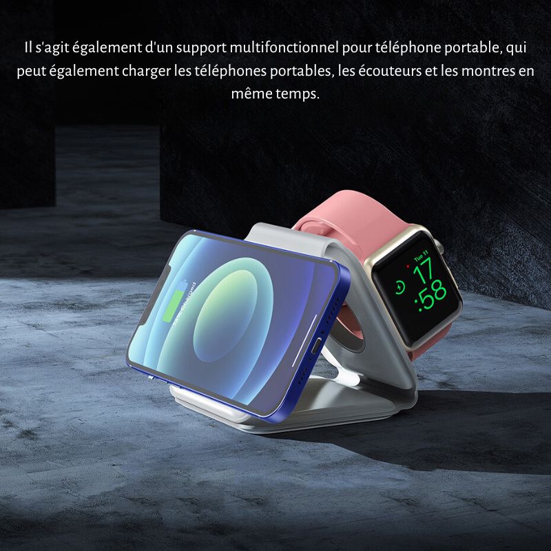 Chargeur sans fil 3 en 1, pliable et portable, pour une expérience de chargement simplifiée pour iPhone, Apple Watch et AirPods collection Gadgets & Techno de la boutique Petites Aventures
