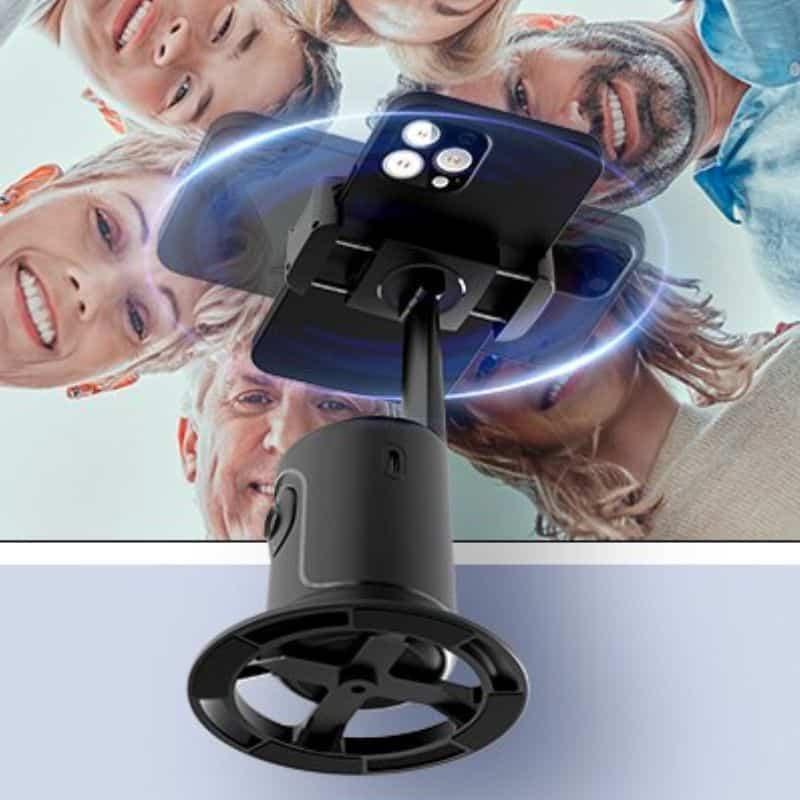 Support intelligent pour trépied de téléphone avec stabilisateur de cardan, rotation à 360° et suivi automatique du visage pour des prises de vue parfaites.