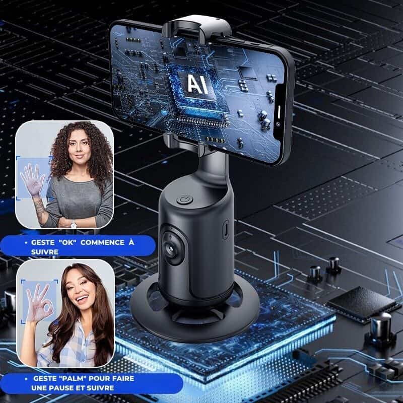 Support intelligent pour trépied de téléphone avec stabilisateur de cardan, rotation à 360° et suivi automatique du visage pour des prises de vue parfaites.