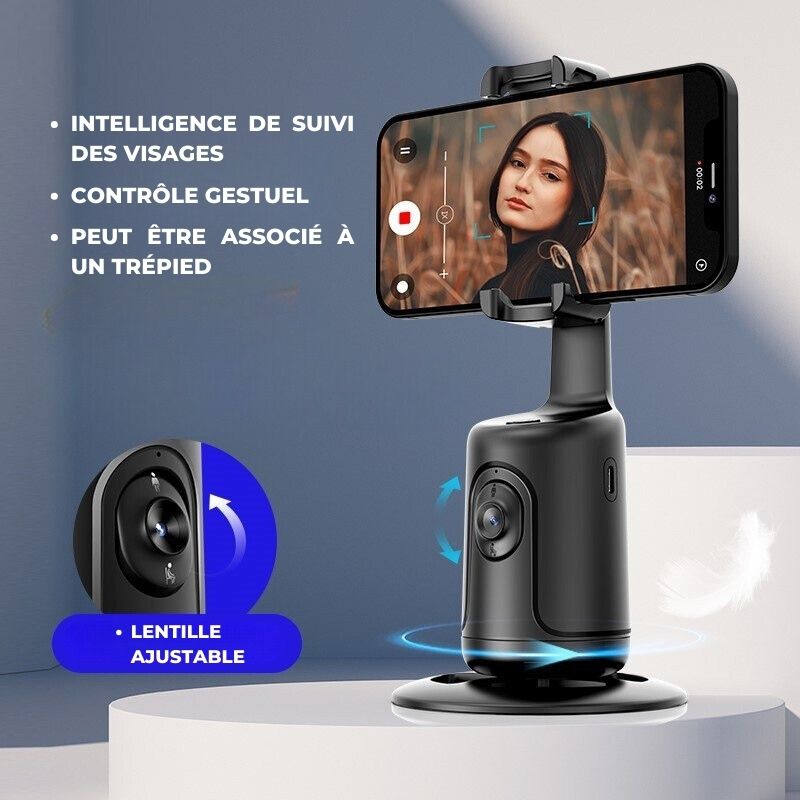 Support intelligent pour trépied de téléphone avec stabilisateur de cardan, rotation à 360° et suivi automatique du visage pour des prises de vue parfaites.