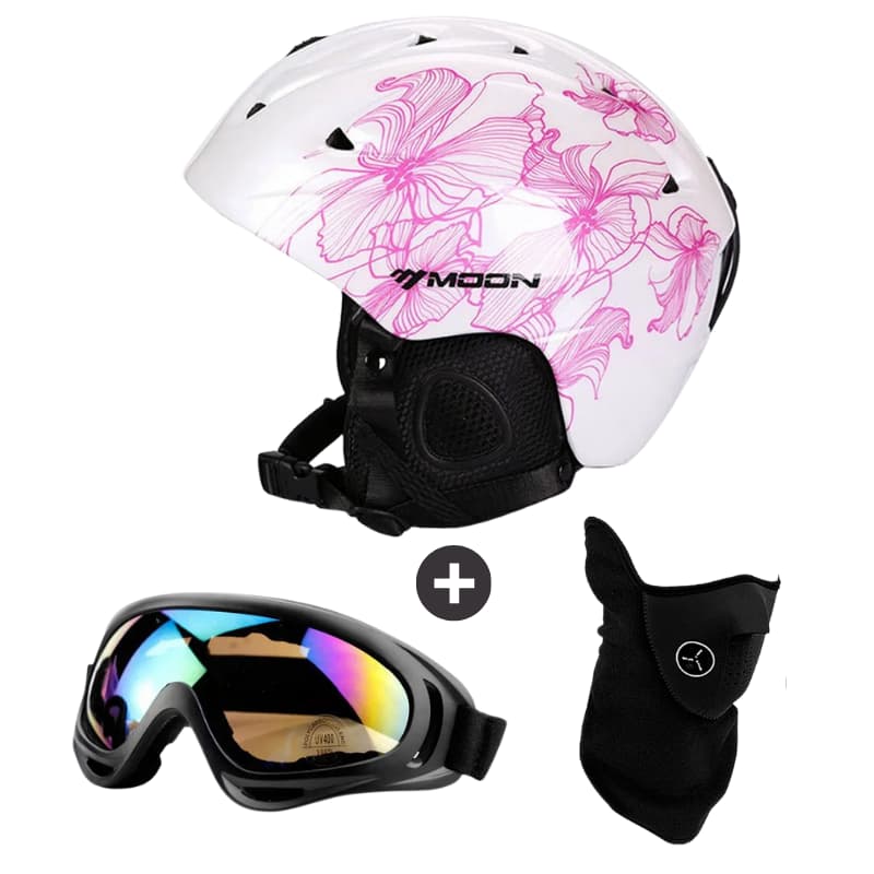 Vue avant Casque Ski Femme Blanc Floral avec Lunettes et Masque de Protection