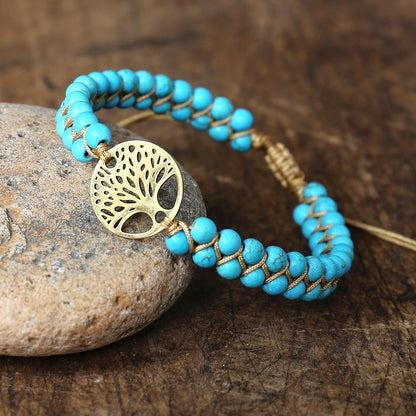 Model Arbre bleu Bracelet porte-bonheur Bijou de l'amitié Perles tressées Breloque arbre de vie Style africain Style japonais Yoga Évasion Vacances collection Summer chic de la boutique Petites Aventures