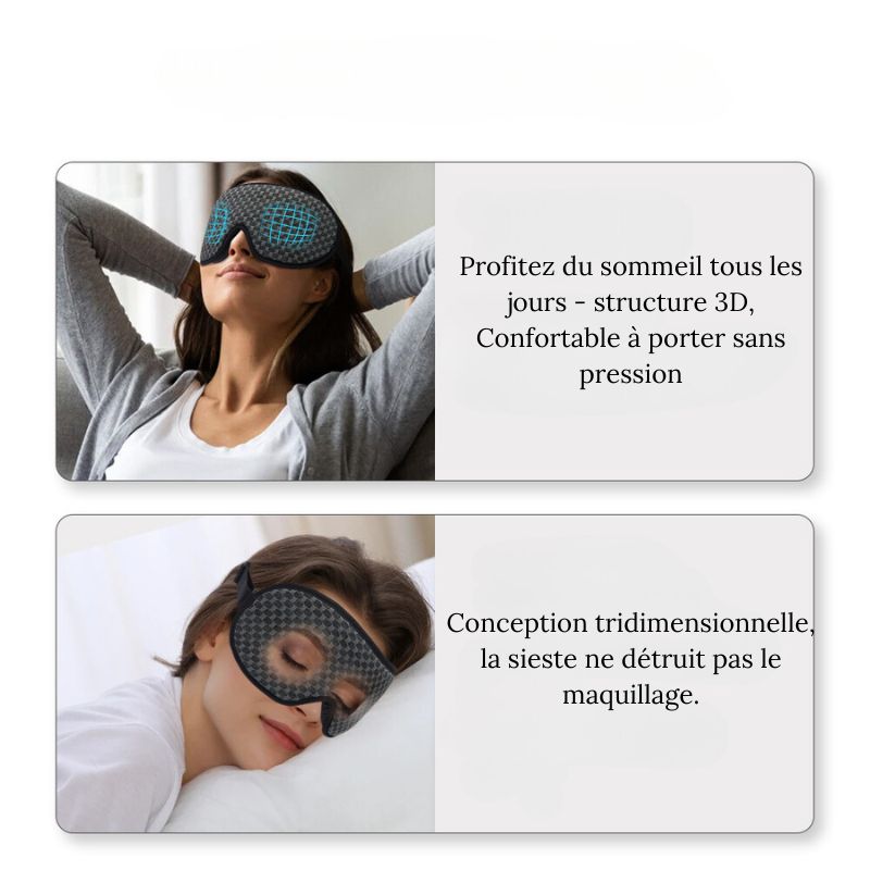 Mise en avant des avantages du Masque de sommeil 3D Confort Voyage de couleur noir de la boutique Petites Aventures Yeux Sommeil réparateur Conception ergonomique Léger Respirant