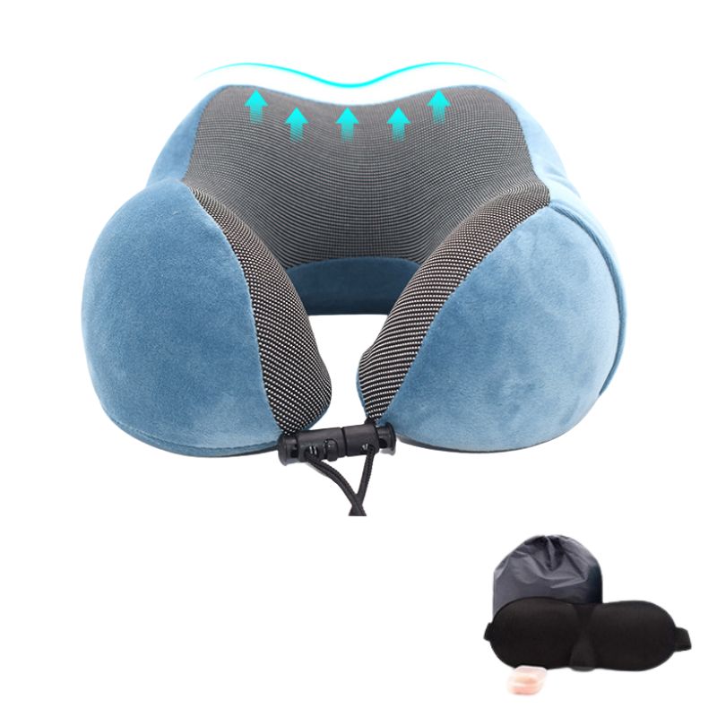 Oreiller de voyage de couleur bleu Masque de nuit pour les yeux Kit de voyage confortable Ensemble oreiller et masque Accessoires de voyage Boules Quies collection confort voyage de la boutique Petites Aventures