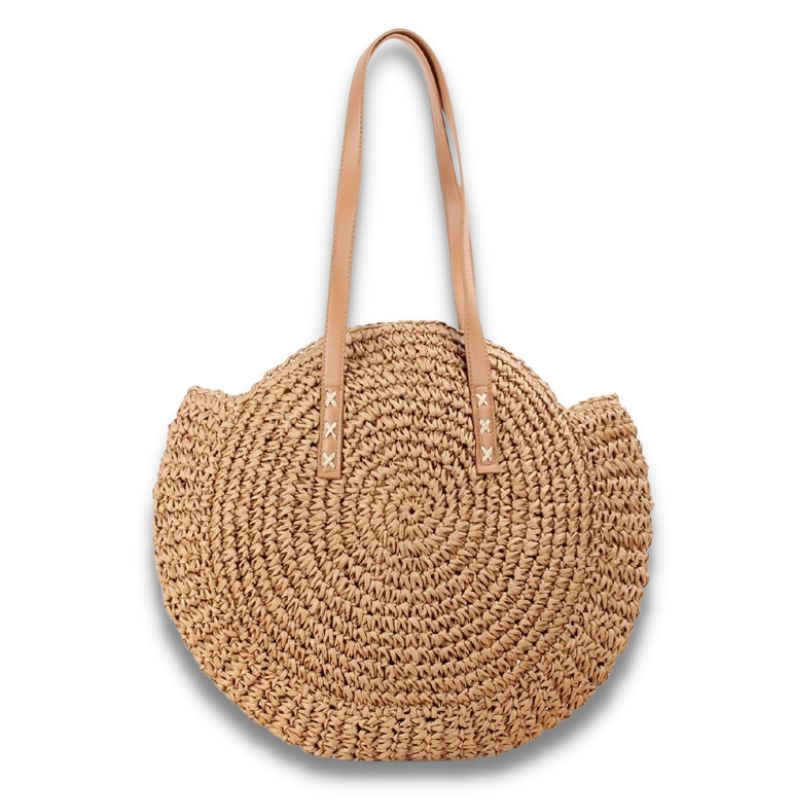 Couleur Marron du sac de plage model sac en paille sac tissé à la main style bohème vacances d'été accessoire de plage fourre-tout bandoulière décontracté raphia collection Summer Chic de la boutique Petites Aventures