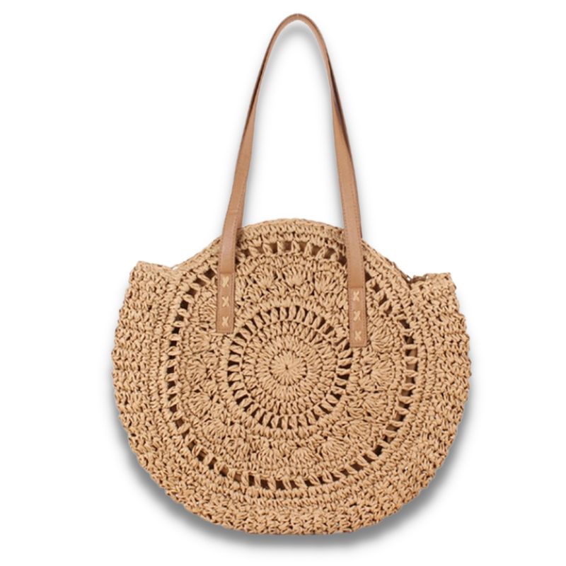 Couleur marron a rayure du sac de plage model sac en paille sac tissé à la main style bohème vacances d'été accessoire de plage fourre-tout bandoulière décontracté raphia collection Summer Chic de la boutique Petites Aventures