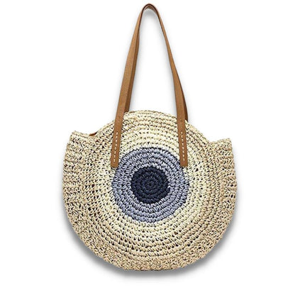 sac de plage model rayure couleur bleu , beige, bleu foncé sac en paille sac tissé à la main style bohème vacances d'été accessoire de plage fourre-tout bandoulière décontracté raphia collection Summer Chic de la boutique Petites Aventures